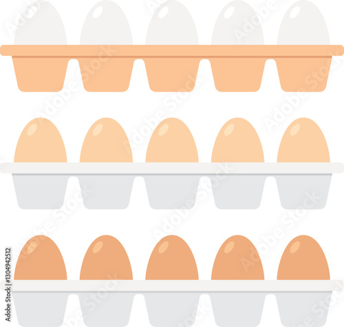 Set of chicken eggs in white, brown and light brown colors in egg trays. Vector illustration with transparent background.