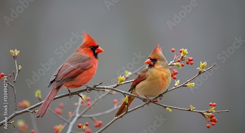 Two Cardinals Perched on Branch with Berries in Natural Habitat