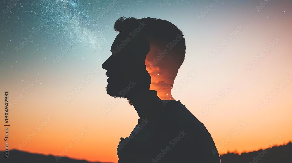 A silhouette of a man with a cosmic background reflecting introspection and serenity. A silhouette of a man with a cosmic background reflecting introspection and serenity.