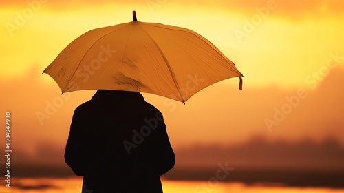 A silhouette of a person holding a yellow umbrella during a stunning sunset.