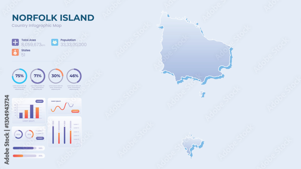 Fototapeta premium Infographic Map of Norfolk Island. Total Area, Papulation, States & More Detailed Infographic Map of Norfolk Island. Vector Illustration