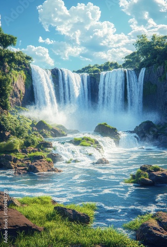 Majestic Waterfall Cascading Through Lush Green Landscape Under Bright Blue Sky with Fluffy White Clouds and Sunlight Reflecting on Clear Water Surface