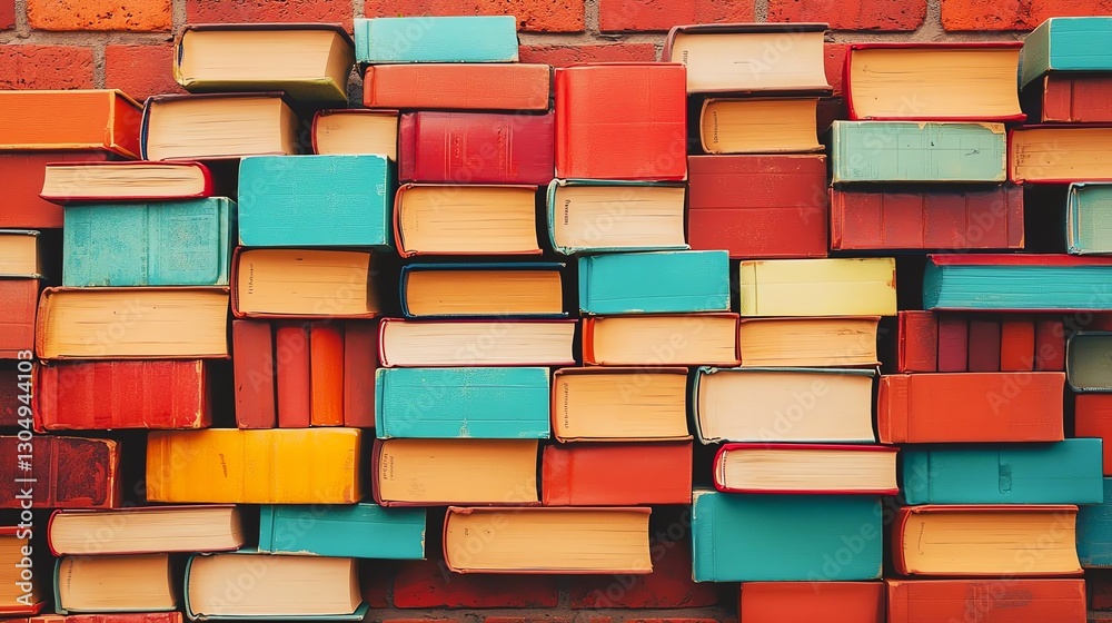 A vibrant collection of stacked books against a textured brick background. A vibrant collection of stacked books against a textured brick background.