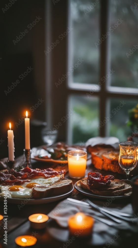 Romantic candlelit breakfast with eggs bacon and toast Romantic candlelit breakfast with eggs bacon and toast