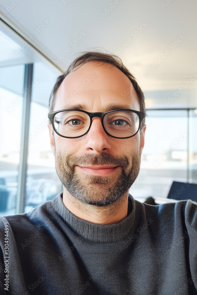 Fototapeta premium Middle Aged Man With Black Glasses Taking a Casual Selfie at His Office
