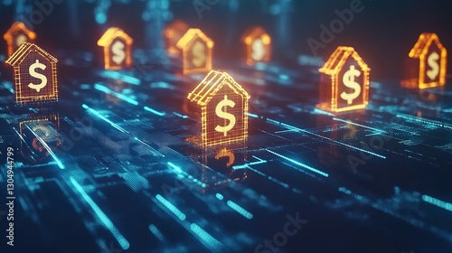 Real Estate Investment with Digital Hologram and Financial Technology—Glowing House Icons, Dollar Signs, and Businessman’s Hand in a Futuristic Interface