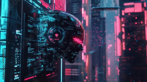 AI neural network being hacked, futuristic cyber attack on artificial intelligence