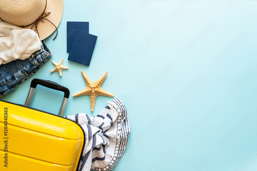 Suitcase, passports, hat and summer cloth on blue background.