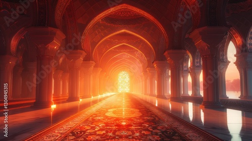 Golden Red Corridor in Islamic Architecture Arabian Palace Lighting