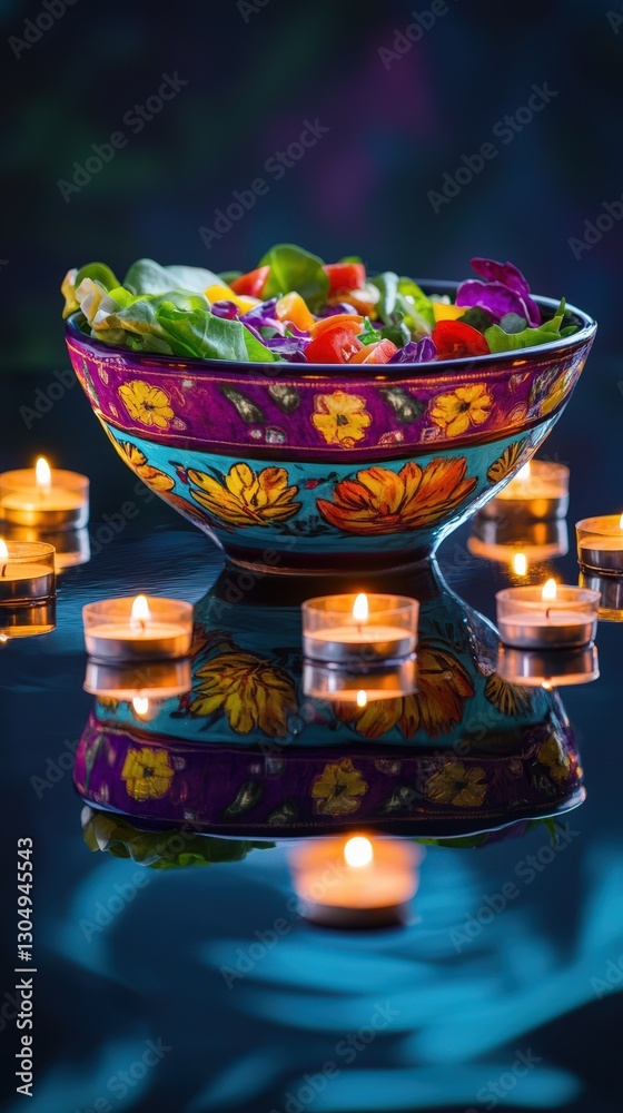 Vibrant Salad Bowl Illuminated by Candles Vibrant Salad Bowl Illuminated by Candles