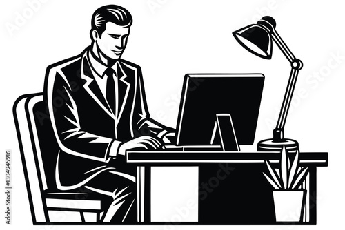 Office male working on her desk with PC or laptop silhouette illustration black and white design