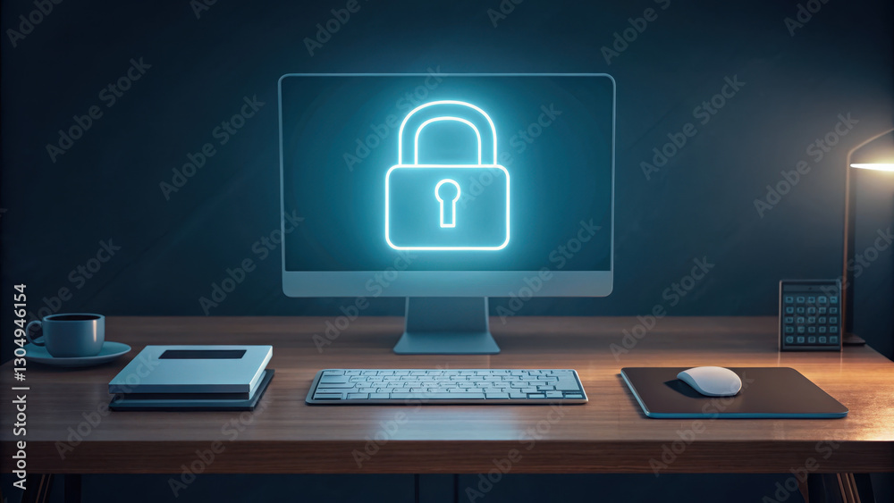 glowing security lock symbol on computer screen represents digital safety. workspace includes keyboard, mouse, notebook, and coffee cup glowing security lock symbol on computer screen represents digital safety. workspace includes keyboard, mouse, notebook, and coffee cup