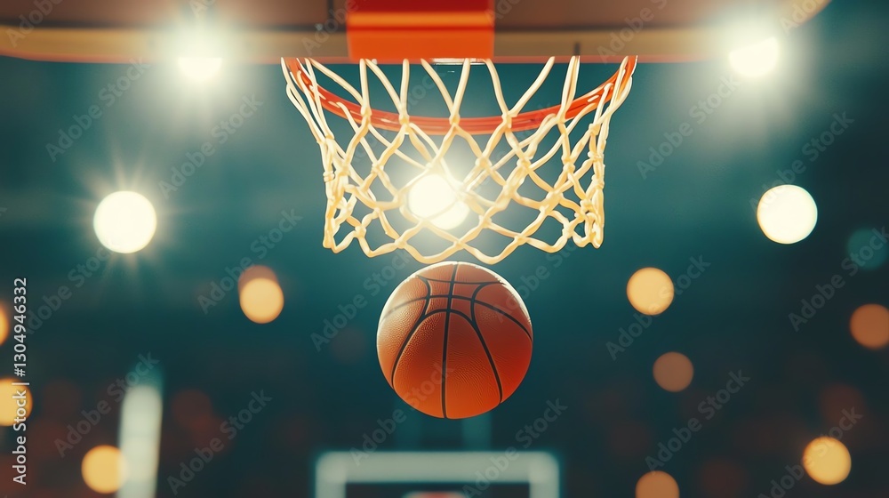 Dynamic shot of a basketball nearing the hoop in a vibrant sports arena. Dynamic shot of a basketball nearing the hoop in a vibrant sports arena.