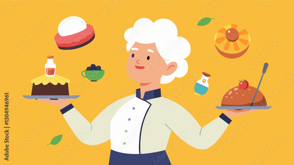 With age comes wisdom and this elderly gourmet critic uses her experience and expertise to distinguish good food from great leaving no dish unturned.. Vector illustration With age comes wisdom and this elderly gourmet critic uses her experience and expertise to distinguish good food from great leaving no dish unturned.. Vector illustration