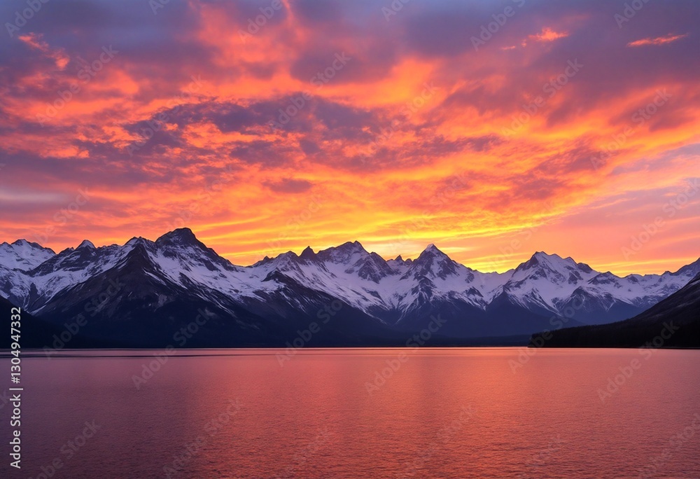 Fototapeta premium A serene and breathtaking view of a mountain range with snow-covered peaks overlooking a large body of water during sunset.