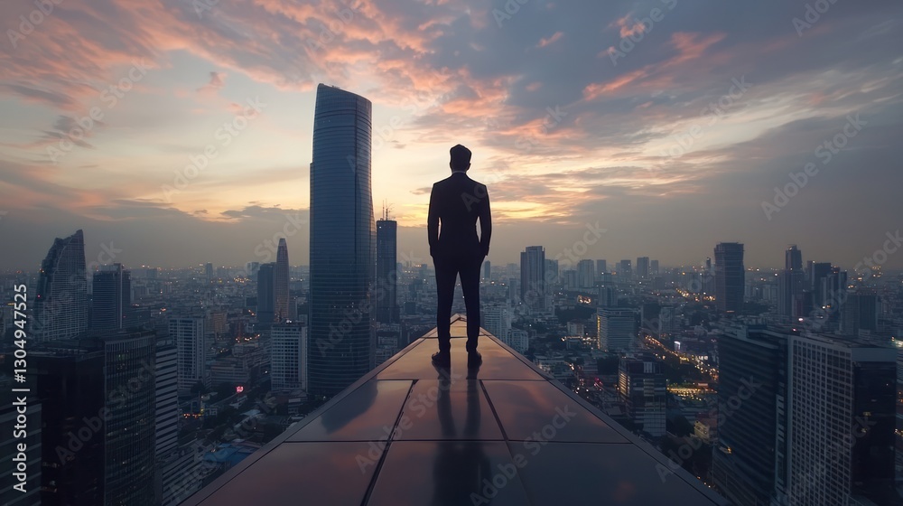 A Businessman Standing on a Skyscraper Overlooking a City A Businessman Standing on a Skyscraper Overlooking a City