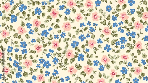 Vibrant floral pattern featuring pink and blue flowers on a light background.