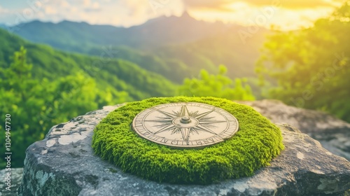 Sundial on Mossy Stone with Scenic Mountain View and Bright Sunset Light