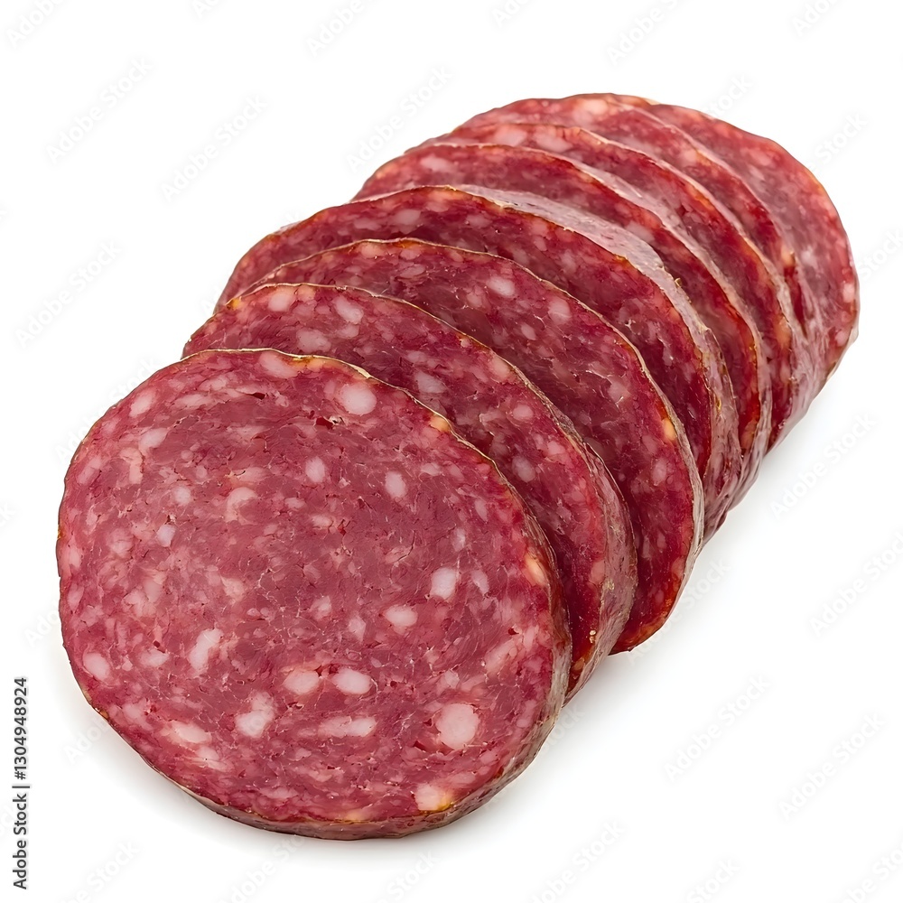 Sliced Lorne Sausage with Savory Layers, Side View, Isolated on White Background, Stock Photo Sliced Lorne Sausage with Savory Layers, Side View, Isolated on White Background, Stock Photo