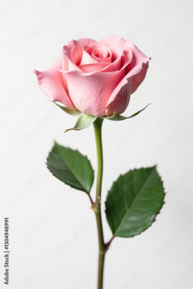 A single, delicate light pink rose with vibrant green leaves, elegantly presented against a minimalist white backdrop A single, delicate light pink rose with vibrant green leaves, elegantly presented against a minimalist white backdrop