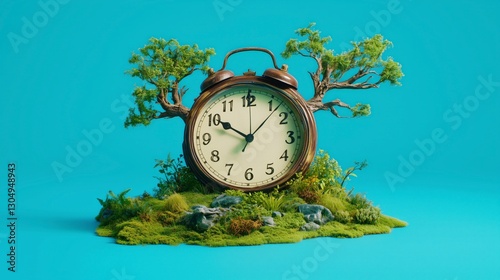 Whimsical Clock Surrounded by Lush Greenery and Scenic Nature Landscape