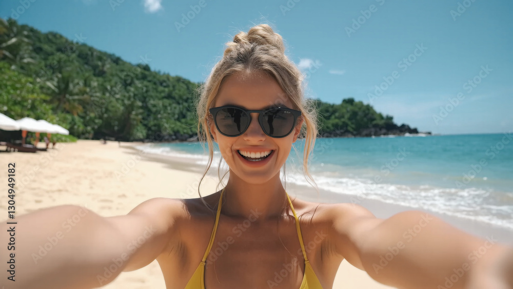 A smiling blonde woman in sunglasses takes a selfie on a beautiful tropical beach with clear blue water and lush green hills in the background. A smiling blonde woman in sunglasses takes a selfie on a beautiful tropical beach with clear blue water and lush green hills in the background.