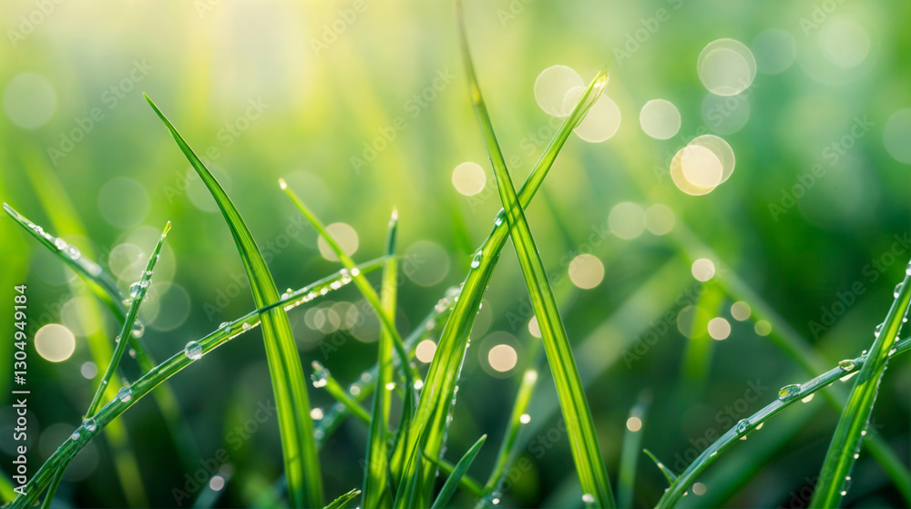 Fototapeta premium Fresh Green Grass Blades Covered with Dewdrops in Morning Light