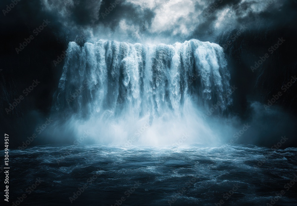 Majestic Waterfall Cascading with Power Under Dramatic Clouds and Dark Skies Creating a Stunning Natural Landscape Scene Majestic Waterfall Cascading with Power Under Dramatic Clouds and Dark Skies Creating a Stunning Natural Landscape Scene