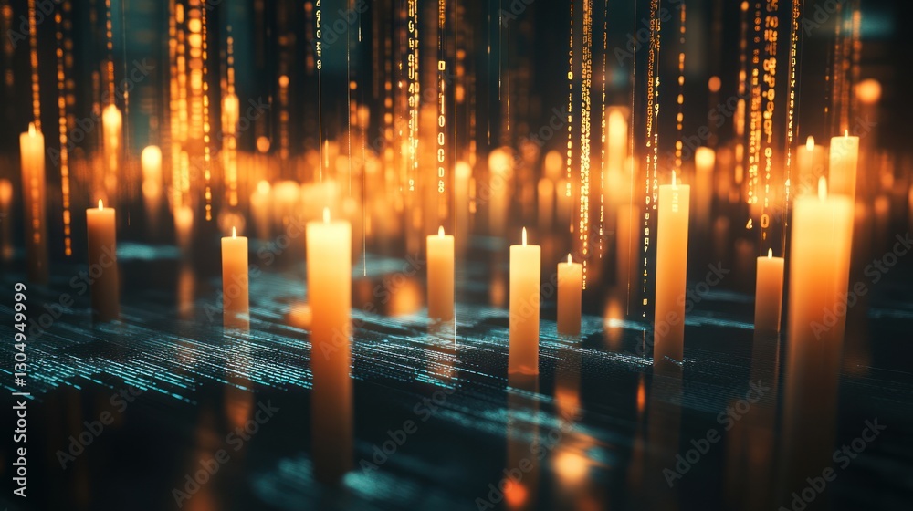 Obraz premium Digital candles glowing in binary code