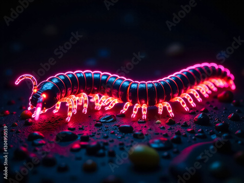 neon A centipede with glowing red and black markings is on a dark surface