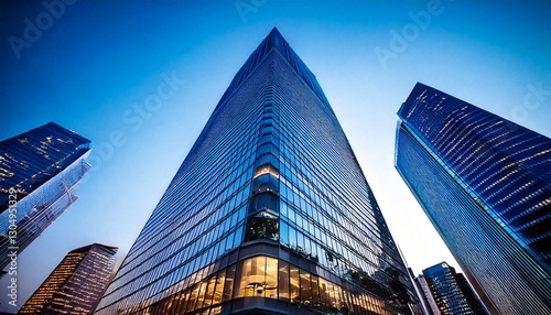 Modern skyscraper towering over the city skyline, symbolizing innovation and corporate success. photo