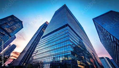 Modern skyscraper towering over the city skyline, symbolizing innovation and corporate success.
