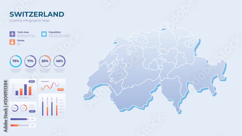 Infographic Map of Switzerland. Total Area, Papulation, States & More Detailed Infographic Map of Switzerland. Vector Illustration