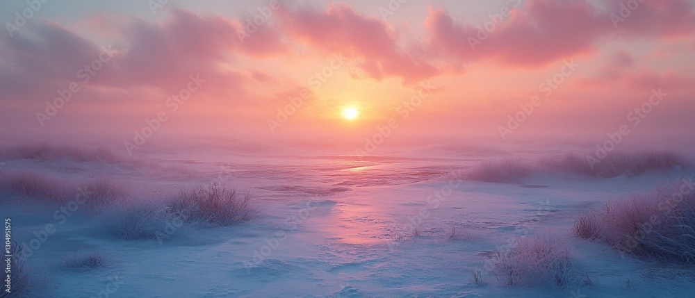 Obraz premium Pink sunset over snowy field, frosty plants, winter landscape, serene nature scene
