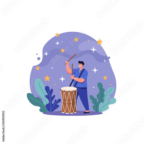Man Playing Drum with Sticks Under Starry Night Illustration
