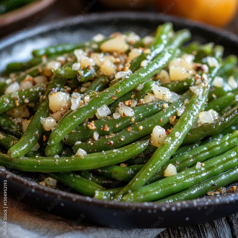 Green bean elegance in dark plate vibrant culinary delight fresh vegetable harmony healthy food concept Green bean elegance in dark plate vibrant culinary delight fresh vegetable harmony healthy food concept