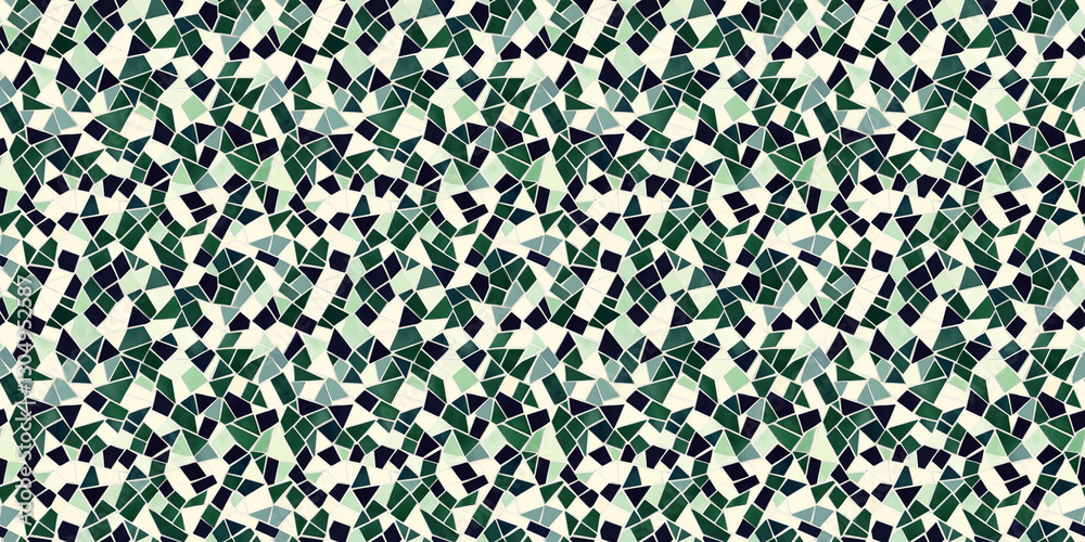Fototapeta premium Colorful mosaic pattern featuring various shapes and shades of green for seamless background use. pattern mosaic