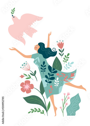 A girl with bird and with flowers, vector illustration on the theme peace, happiness, dream and love