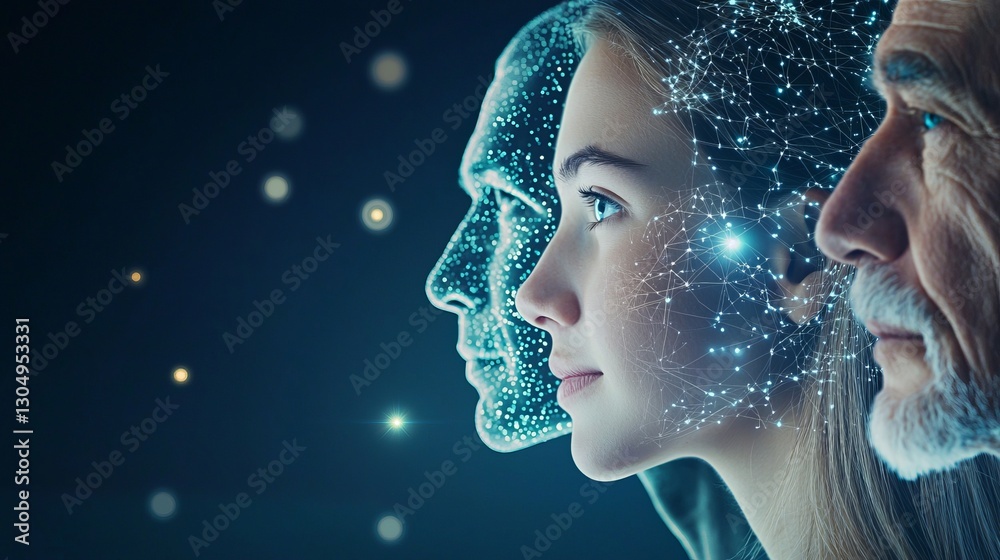 Embracing diversity innovation. A futuristic image depicting three faces-human and digital-blending technology with humanity, symbolizing evolution and connection. Embracing diversity innovation. A futuristic image depicting three faces-human and digital-blending technology with humanity, symbolizing evolution and connection.
