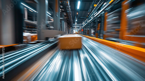 A high-speed motion blur effect of a package moving quickly on an automated conveyor system inside a futuristic warehouse  
