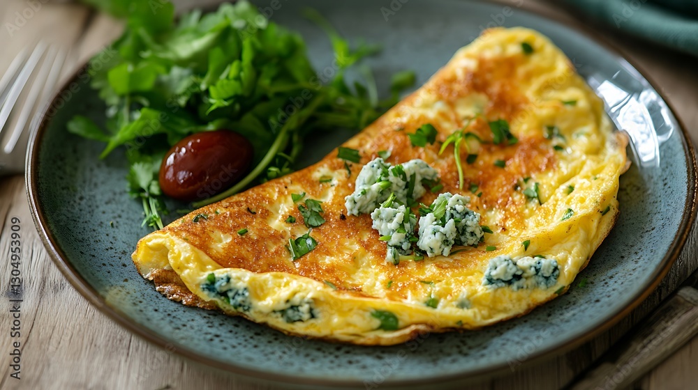 Delicious cheese omelette with fresh arugula salad on a rustic wooden table. Delicious cheese omelette with fresh arugula salad on a rustic wooden table.