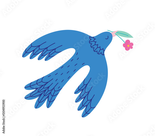 Blue flying bird with a flower in a beak. Spring symbol of life. Vector illustration isolated on white background.