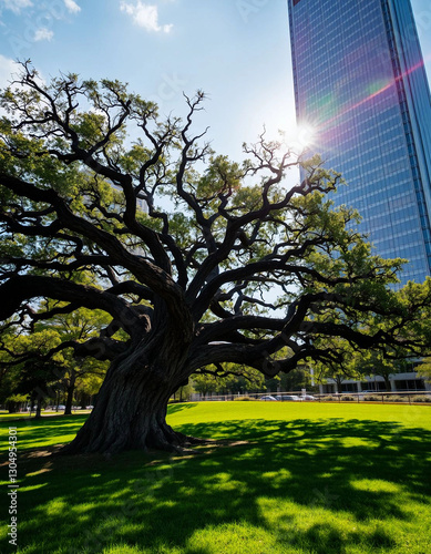 tree against the backdrop of a high-rise