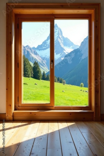 Serene Mountain Vista Through a Wooden Window Frame in a Sunlit Room