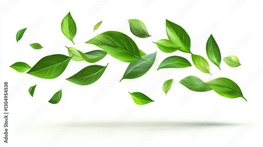 Obraz premium Flying Green Leaves, Isolated on White