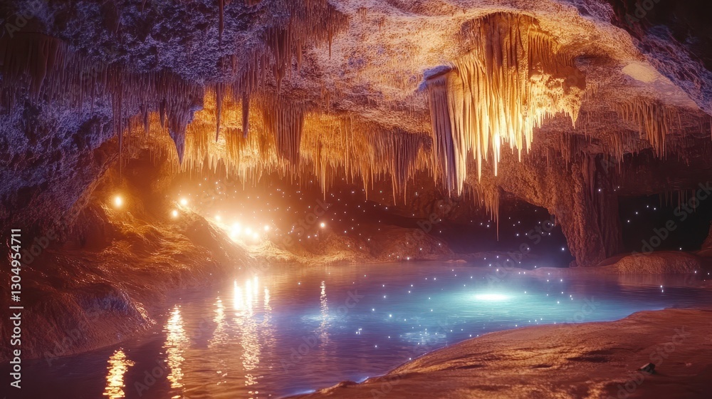 Obraz premium Magical cave with glowing crystals and a shimmering pool reflecting the stars of the sky