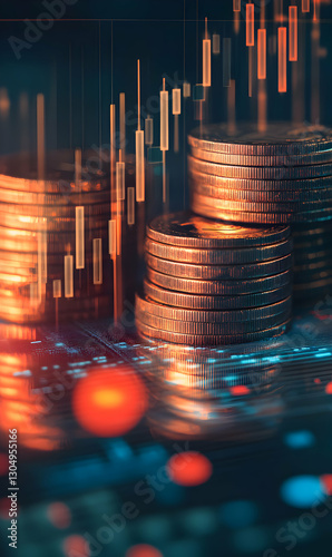 Digital currency growth illustrated with rising coin stacks and glowing chart analysis