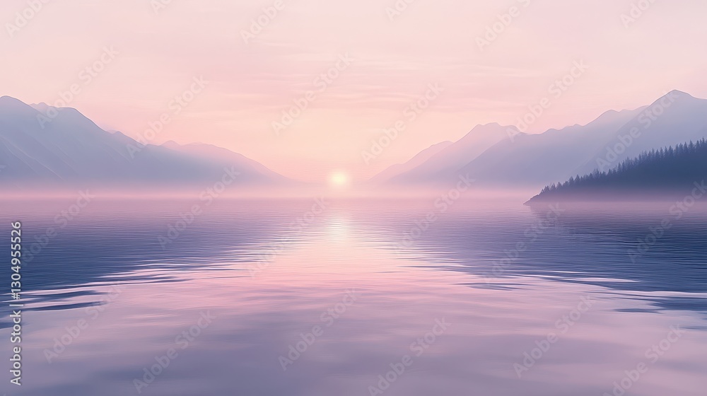 Dawn over a misty lake with soft ripples and mountains fading into haze Dawn over a misty lake with soft ripples and mountains fading into haze