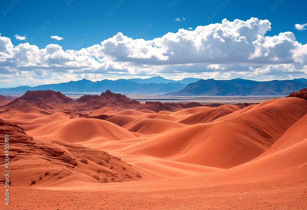 Fototapeta premium Desert Landscape with Sand Dunes and Mountains Under Blue Sky.