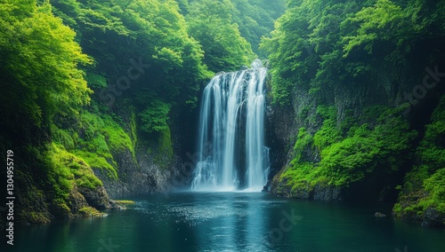 Majestic Waterfall Surrounded by Lush Green Foliage in a Tranquil Forest Setting with Misty Atmosphere and Clear Blue Waters